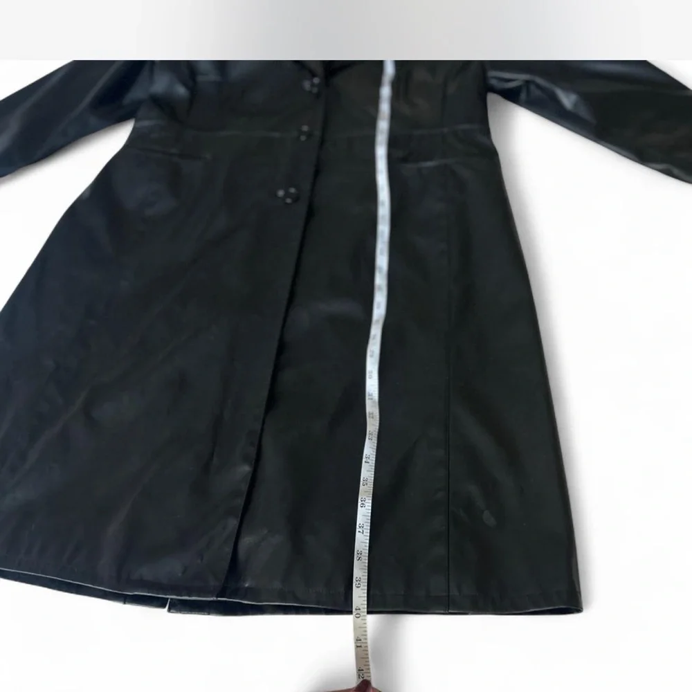 90's Black Faux Leather Long Trench Coat Woman's Large - Picture 5 of 8